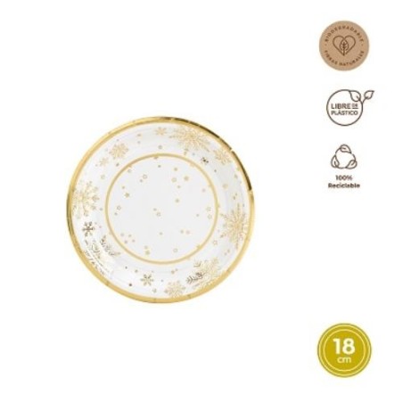 PLATO REDONDO CARTON 18CM BLANCO Y ORO 8UDS 7674